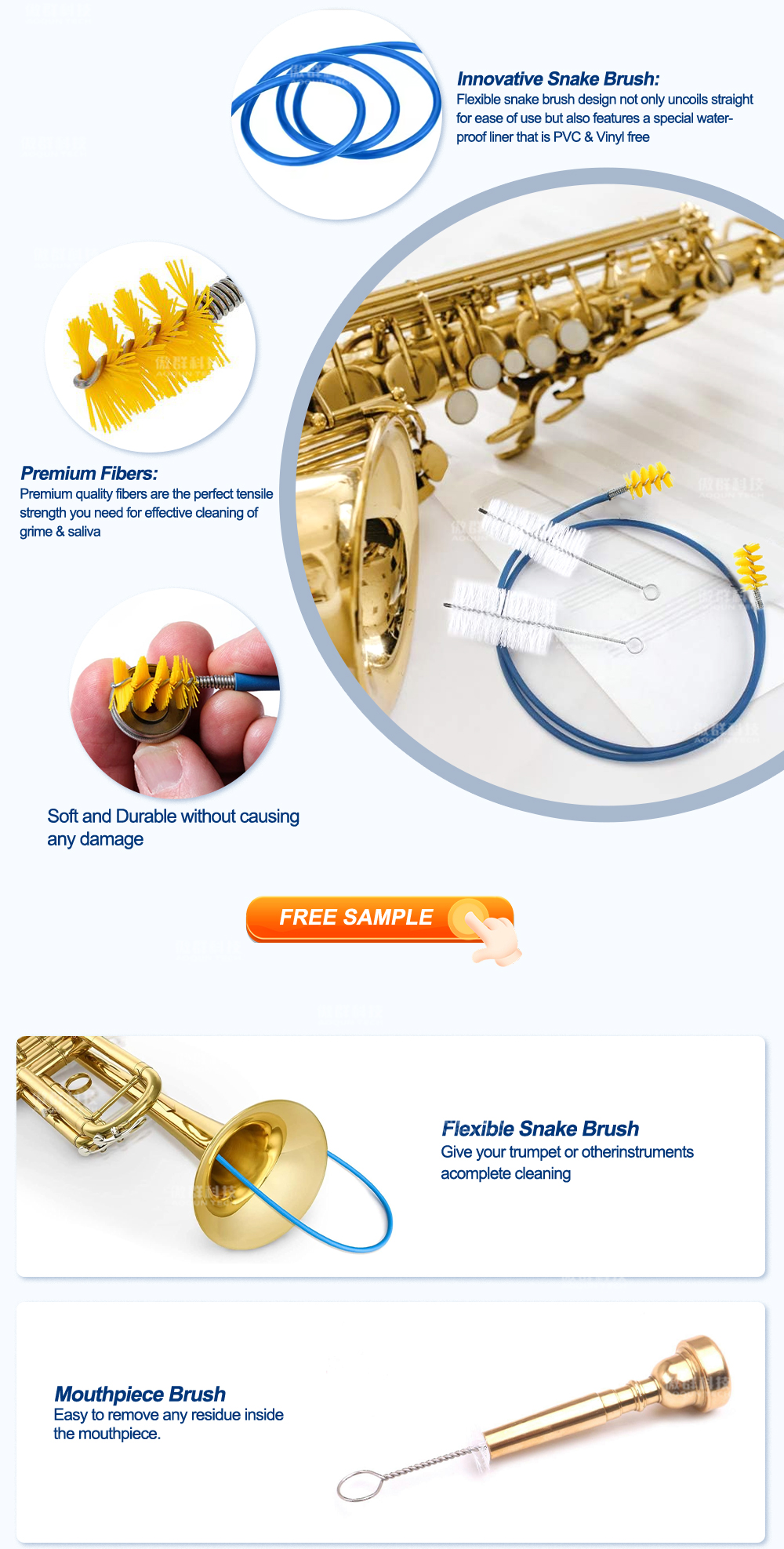 Musical Instrument Cleaning Snake Brush | Piston Hole Cleaning Brushes | Trombone Trumpet Mouthpiece Cleaning Brush